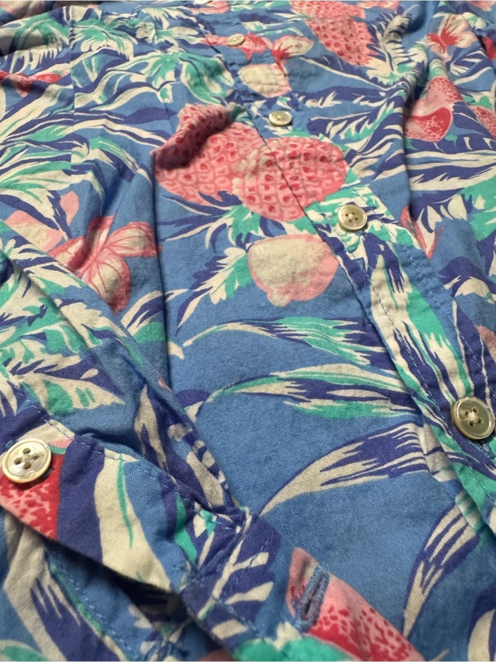 Talbots Women’s Large Tropical Floral Button Down Shirt Blue Pink Long Sleeve - Picture 3 of 10
